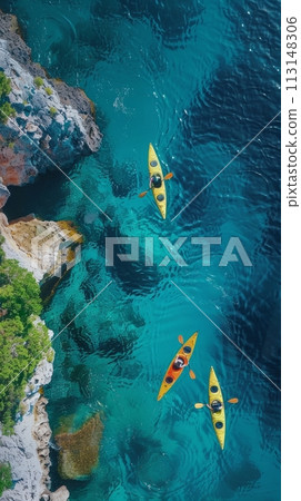 Aerial view of of adrenaline junkies teams challenging in extreme white-water kayaking. Adventure challenge. 113148306