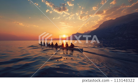 Groups of active people, men and women, canoeing, kayaking on river with skilled instructor on see surrounded mountains. Groups of active people, men and women, canoeing, kayaking on river with skilled instructor on see surrounded mountains. 113148322