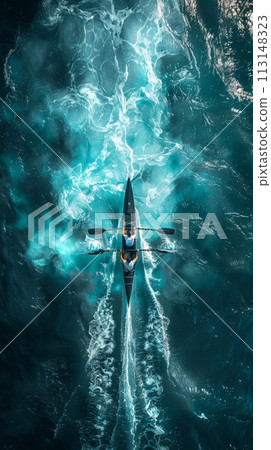 Aerial view of group of adrenaline junkies conquering wild river rapids, in extreme white-water canoeing. Adventure challenge. Aerial view of group of adrenaline junkies conquering wild river rapids, in extreme white-water canoeing. Adventure challenge. 113148323
