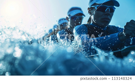 Close up photo of sportsman in sportswear, helmets hardly paddling in motion with splashes of water on canoe on fast river. Blue filter. Close up photo of sportsman in sportswear, helmets hardly paddling in motion with splashes of water on canoe on fast river. Blue filter. 113148324