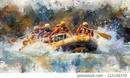 Drawn illustration. Group of adrenaline junkies conquering the wild river rapids, in extreme water rafting adventure challenge. 113148339