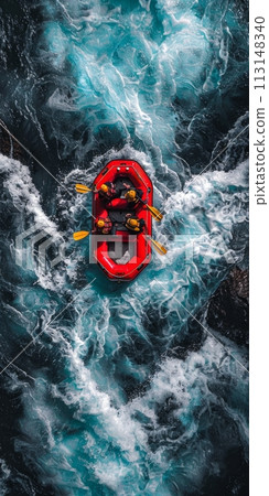 Aerial view of group of adrenaline junkies conquering the wild river rapids, in an extreme white-water rafting adventure challenge. 113148340