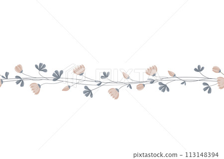 Medick, shamrock flowers and leaves seamless border. Clover isolated garland pattern, decorative border. Vector illustration Medick, shamrock flowers and leaves seamless border. Clover isolated garland pattern, decorative border. Vector illustration 113148394
