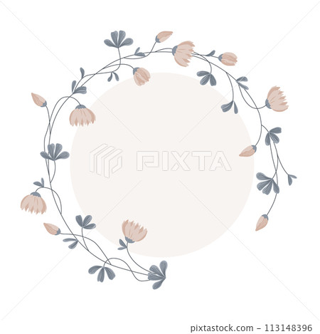 Medick, shamrock flowers and leaves round frame. Clover isolated wreath, decorative border with empty space. Vector illustration. Medick, shamrock flowers and leaves round frame. Clover isolated wreath, decorative border with empty space. Vector illustration. 113148396