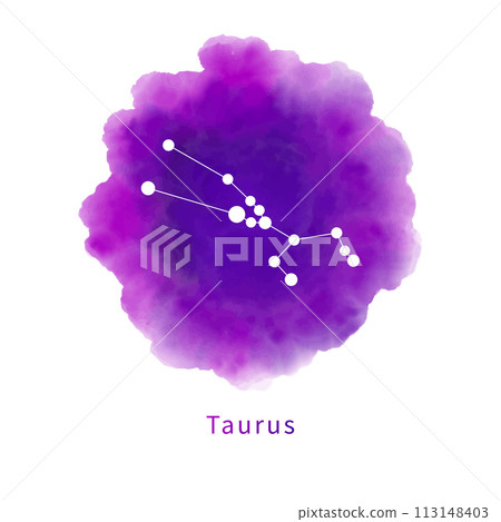 Constellation Taurus on a bright purple watercolor stain isolated on a white background. Zodiac sign, horoscope symbol on handmade watercolor texture. Vector illustration. 113148403
