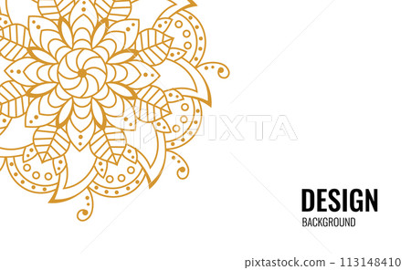 Clean white cover with gold beautiful flower. Golden vector mandala isolated on white background. Clean white cover with gold beautiful flower. Golden vector mandala isolated on white background. 113148410