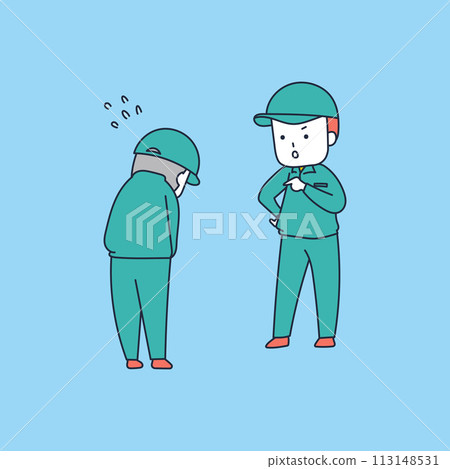 A man in work clothes scolding a staff member who made a mistake 113148531