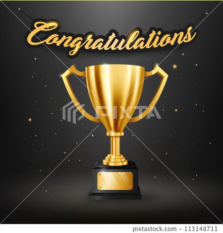 Realistic Golden Trophy with Text Space and Congratulations Text Hanging on The Wall, Vector Illustration Realistic Golden Trophy with Text Space and Congratulations Text Hanging on The Wall, Vector Illustration 113148711