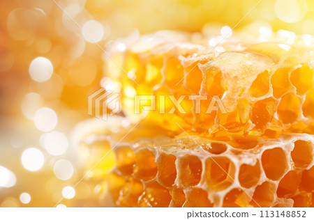 Honeycombs glistening with honey 113148852