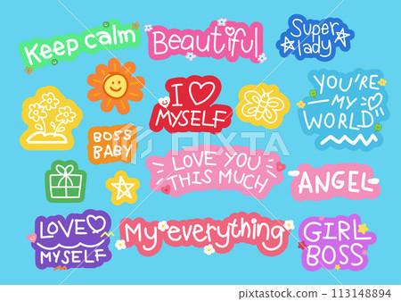 Badge designs for font, typography, cute patches, plush toy, sign, symbol, print, social media post, banner, template, sticker, tattoo, logo, happy icon, decorations, text, quote, women empowerment 113148894