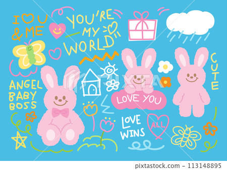 Hand drawn happy summer elements of Bunny, butterfly, flowers, rainy day for easter sticker, decoration, social media post, icon, logo, cartoon character, plush toy, font, typography, print, text Hand drawn happy summer elements of Bunny, butterfly, flowers, rainy day for easter sticker, decoration, social media post, icon, logo, cartoon character, plush toy, font, typography, print, text 113148895