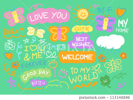Cute summer elements including hand writing fonts, typography, text, letters, butterfly, sun, cloud and flowers for sticker, decoration, print, Valentine's Day, tattoo, icon, logo, picnic, spring Cute summer elements including hand writing fonts, typography, text, letters, butterfly, sun, cloud and flowers for sticker, decoration, print, Valentine's Day, tattoo, icon, logo, picnic, spring 113148896