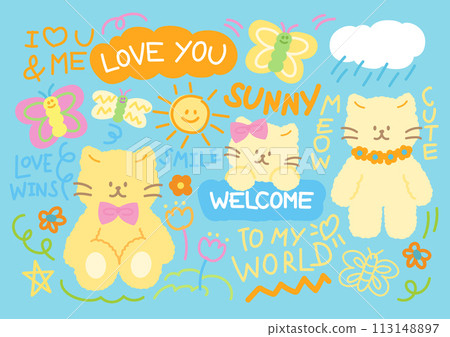 Hand drawn happy summer elements of cat, butterfly, flower garden, sunny day and cloud for sticker, decoration, social media post, icon, logo, cartoon character, plush toy, good day font, print, card Hand drawn happy summer elements of cat, butterfly, flower garden, sunny day and cloud for sticker, decoration, social media post, icon, logo, cartoon character, plush toy, good day font, print, card 113148897