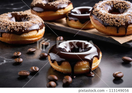 Frosted chocolate glazed donuts on a dark brown marble table. Frosted chocolate glazed donuts on a dark brown marble table. 113149056