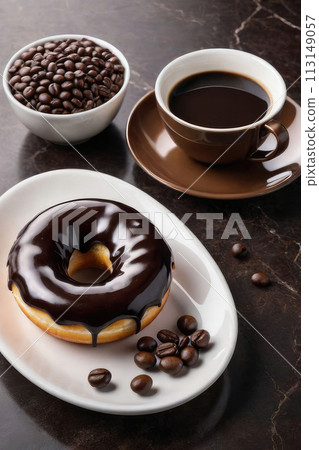 Frosted chocolate glazed donuts on a dark brown marble table. 113149057