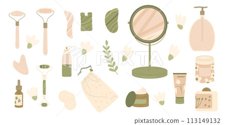 Facial massage elements. Gua sha beauty procedure with jade stone set. Anti-aging beauty skincare tool. Vector illustration isolated on white background 113149132