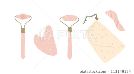 Gua sha beauty procedure with jade stone set. rollers and stone scrapping plate. Facial massage elements. Skincare spa rose quartz. Vector illustration isolated on white background. Gua sha beauty procedure with jade stone set. rollers and stone scrapping plate. Facial massage elements. Skincare spa rose quartz. Vector illustration isolated on white background. 113149134