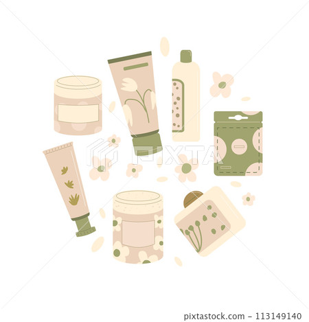 Beauty products circle emblem. Cleansing and moisturizing face. Skincare cosmetics round composition. Bottles, containers and tubes. Vector illustration. 113149140