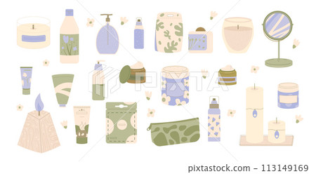 Skincare cosmetics products set. Cleansing and moisturizing. Serum and cream for spa. Skin, body cosmetics bottles, containers and tubes. Flat vector illustration isolated on white background Skincare cosmetics products set. Cleansing and moisturizing. Serum and cream for spa. Skin, body cosmetics bottles, containers and tubes. Flat vector illustration isolated on white background 113149169