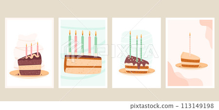 Birthday greeting cards set with cake slice. Sweet bakery holiday vertical posters. Pastry dessert with cream and candles festive flyer. Vector pie hand drawn illustration background. Birthday greeting cards set with cake slice. Sweet bakery holiday vertical posters. Pastry dessert with cream and candles festive flyer. Vector pie hand drawn illustration background. 113149198