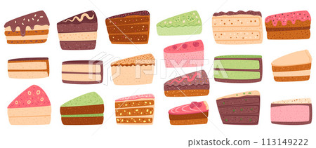 Cakes set isolated on white background. Sweet bakery pieces collection. Pastry dessert with cream. Vector pie flat illustration 113149222