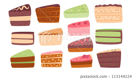 Cakes set. Sweet bakery piece. Pastry dessert slices with cream. Vector pie flat illustration isolated on white background 113149224