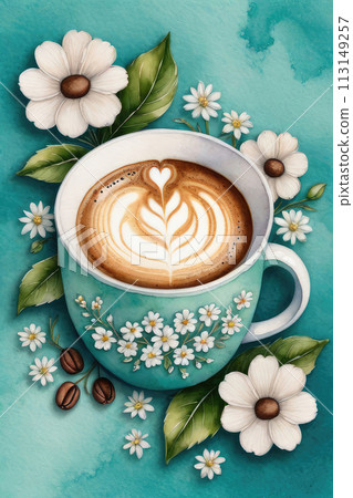 Watercolor composition with cup of coffe with latte art on turquoise background. 113149257