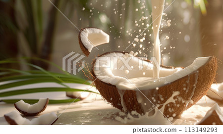 Coconut milk pours into broken coconut 113149293