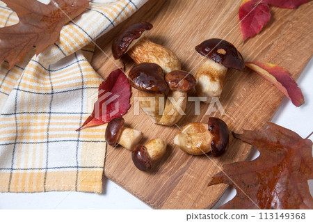 Several Imleria Badia or Boletus badius mushrooms commonly known as the bay bolete on wooden cutting board.. 113149368