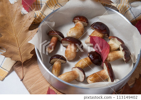 Vintage baking sheet with Imleria Badia or Boletus badius mushrooms commonly known as the bay bolete on wooden cutting board.. 113149402