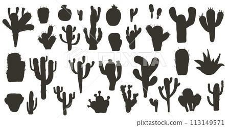 Cactus silhouette set isolation on white background. Mexican cacti and aloe. Exotic various plants collection Vector black simple flat illustration 113149571