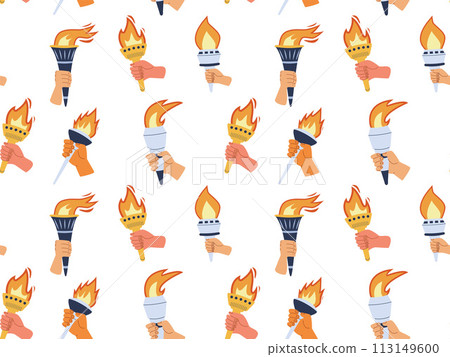 Torches with burning flame in hand seamless pattern. Symbol of sport, games, victory and champion competition holding human arm endless background. Vector flat illustration repeat background 113149600