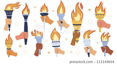 Torches with burning flame in hands set. Vector flat illustration isolated on white background Torches with burning flame in hands set. Vector flat illustration isolated on white background 113149604