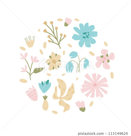 Hand drawn flowers circle composition. Botanical nature spring elements round emblem in doodle style. Modern floral and leaves shapes. Vector illustration 113149620