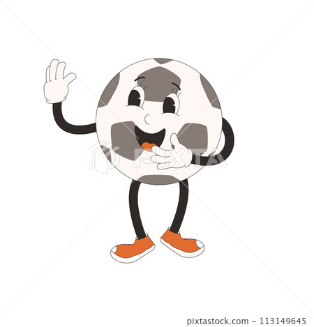 Football ball groovy character waving with hands. Soccer retro mascot. Cartoon sport equipment isolated on white background. Championship game. Vector rubber hose animation style illustration 113149645