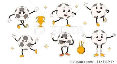 Football ball groovy characters set isolated on white background. Soccer retro mascots. Rubber hose animation style cartoon sport equipment Cute vintage anthropomorphic. Vector flat illustration 113149647