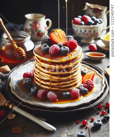 American pancakes stacked on a beautiful plate and decorated with honey and fresh berries American pancakes stacked on a beautiful plate and decorated with honey and fresh berries 113149747