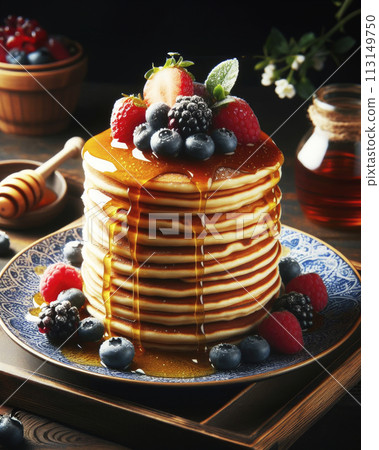 American pancakes stacked on a beautiful plate and decorated with honey and fresh berries 113149750