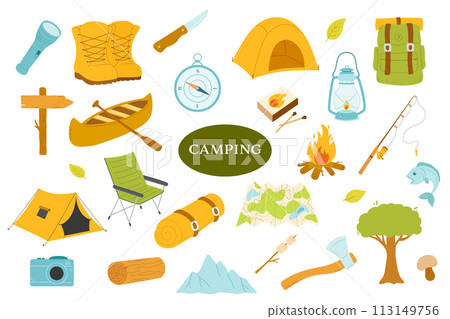 Camping colorful vector illustrations set isolated on white. Tent, fishing rod and canoe, campfire and map for hiking 113149756