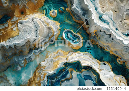 Blue Marble abstract acrylic background. Marbling artwork texture. Agate ripple pattern. Gold powder. 113149944