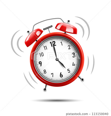 Realistic Red Alarm Clock Ringing, Isolated on White Background, Vector Illustration 113150040
