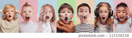 Collage made of emotional children, boils and girls expressing emotions of shock, joy and fun against multicolored background. Collage made of emotional children, boils and girls expressing emotions of shock, joy and fun against multicolored background. 113150238