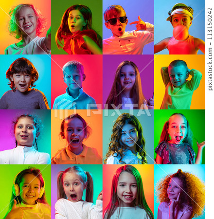 Collage. Close-up portrait of different children, boys and girls smiling, expressing emotions against multicolored background in neon light 113150242
