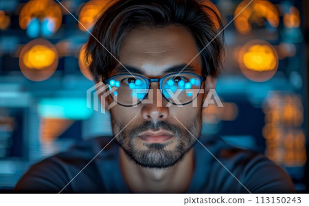 Man with blurred face against tech backdrop 113150243