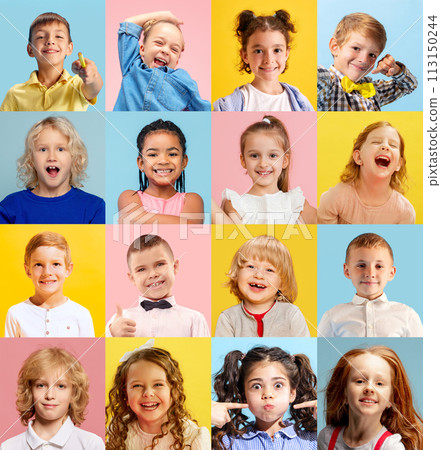 Collage. Close-up portrait of different children, boys and girls smiling against multicolored background. Happiness, fun and joy 113150244