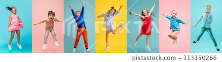 Full-length, Collage made of different children, boys and girls in motion, jumping, playing against multicolored background. 113150266