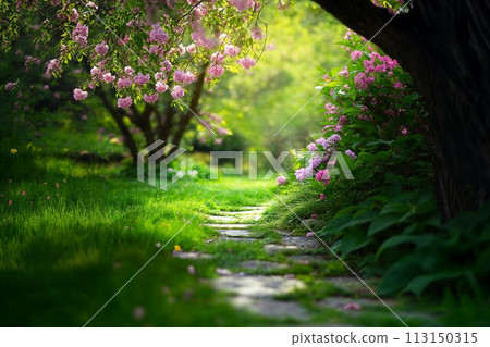 Lush path under a canopy of pink blooms 113150315