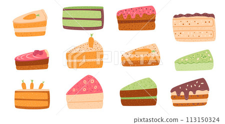 Cakes set. Sweet bakery piece. Pastry dessert slices with cream. Vector pie flat illustration isolated on white background Cakes set. Sweet bakery piece. Pastry dessert slices with cream. Vector pie flat illustration isolated on white background 113150324