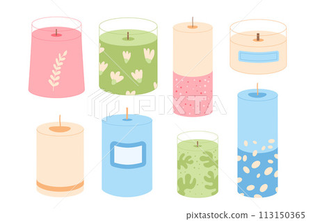 Wax pillar candles set. Handmade craft aromatic candlelight isolated in white background. Hygge and staycation time. Aromatherapy and relaxation home decor. Vector handdrawn illustration 113150365