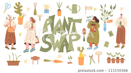 Plant swap set. People exchange houseplant, seeds, tree sampling and gardening together isolated on white background. Ecology lifestyle party. Event of potted flowers market. Vector illustration. 113150366